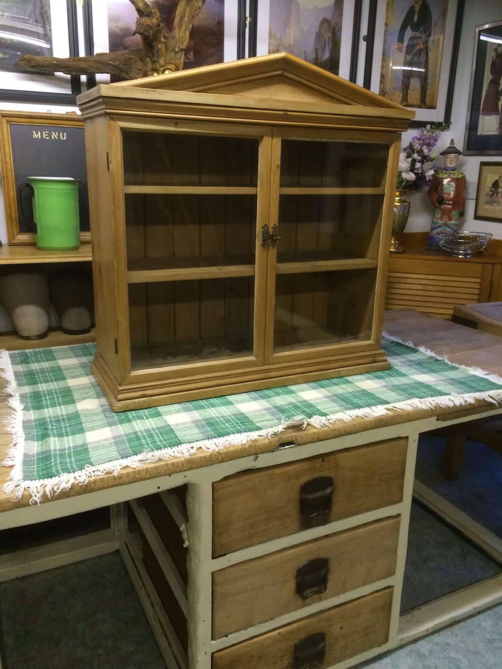 Old glazed pine shop countertop display unit