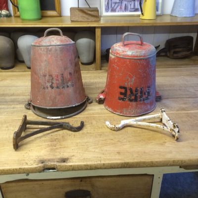 Pair of vintage 1930â€™s fire buckets with original hanging brackets