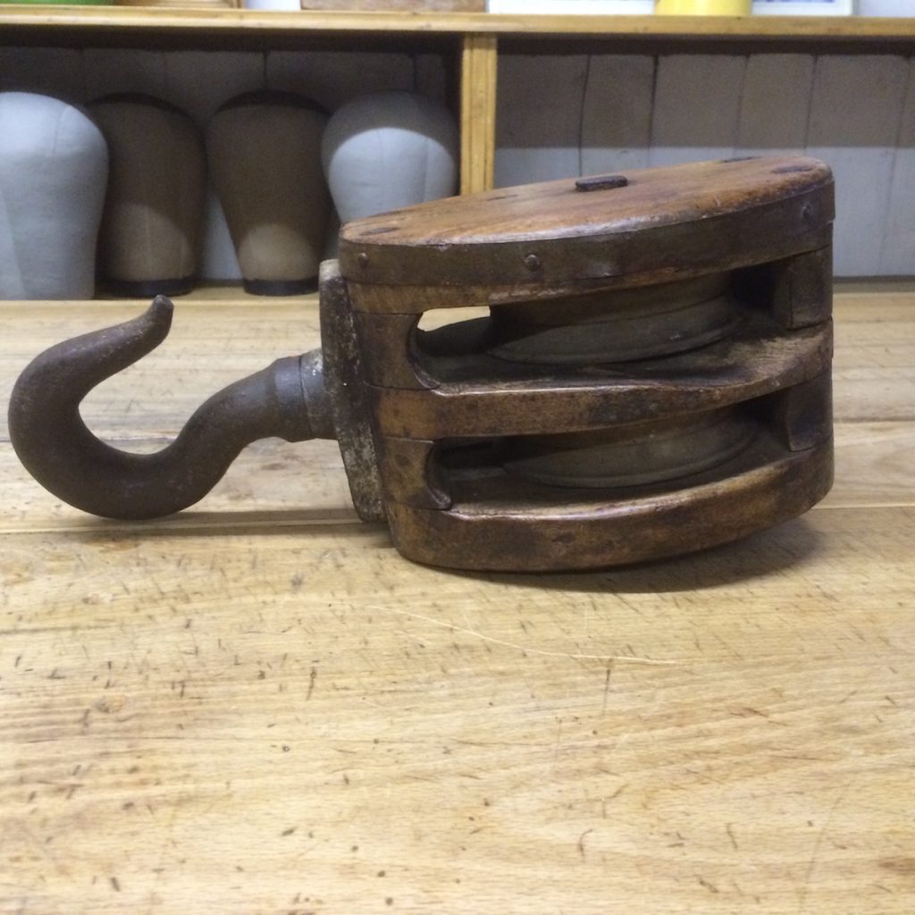 Old twin pulley block and hook